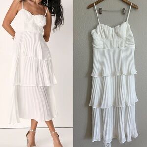 Cascading Crush White Tiered Bustier Midi Dress